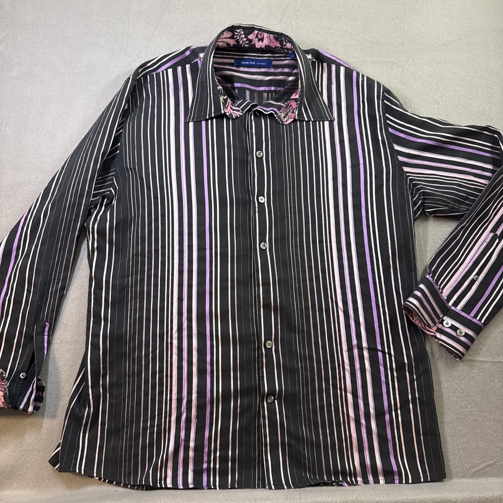 George Roth Black W/Pink Stripes Button Down Dress Shirt Size XL